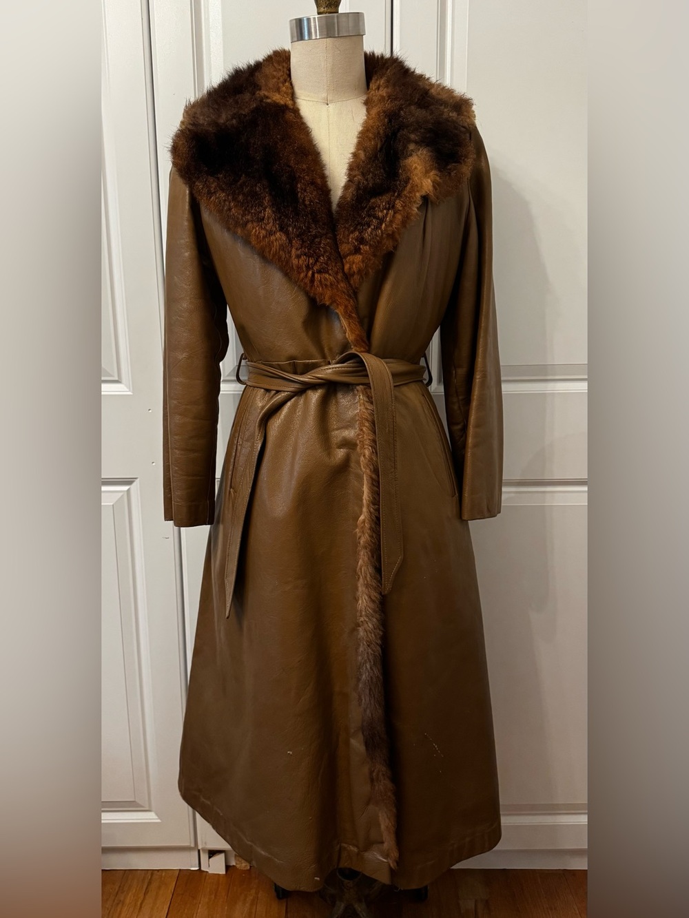 Vintage Tan Leather Trench Coat with Real Fur Lining
